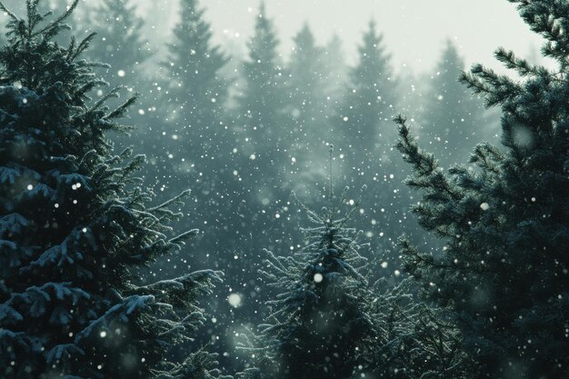 Photo a serene winter morning as snow gently falls among the evergreen trees in a tranquil forest