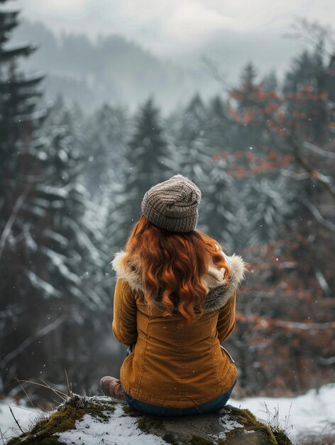 Photo serene winter retreat woman in cozy jacket enjoying snowy forest landscape