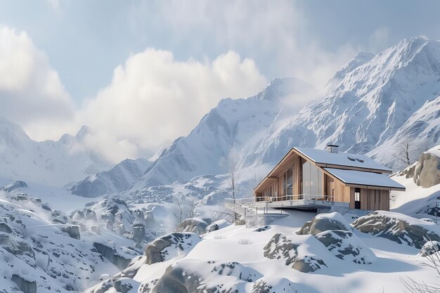 Serene winter scene of a cozy cabin enveloped by snowcovered mountains