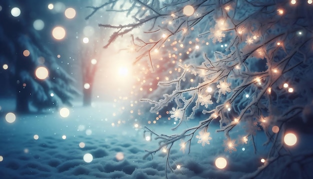 Photo a serene winter scene featuring frosted tree branches adorned with glowing string lights background