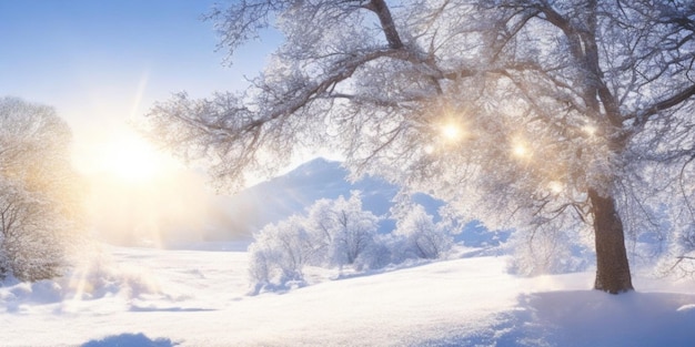 A serene winter scene showcasing snowladen trees under a radiant sun in a picturesque landscape