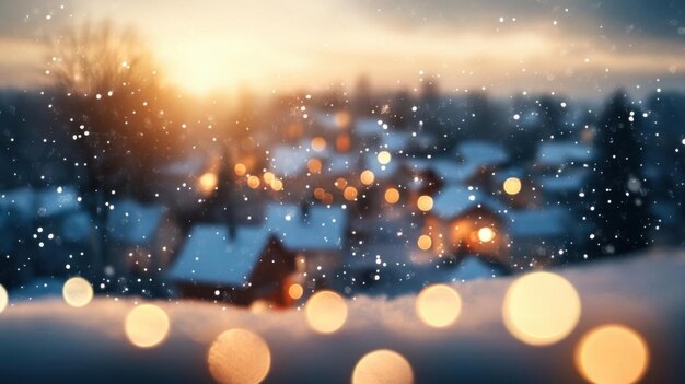 Photo a serene winter scene showcasing softly falling snow warm lights and a picture village during sunset