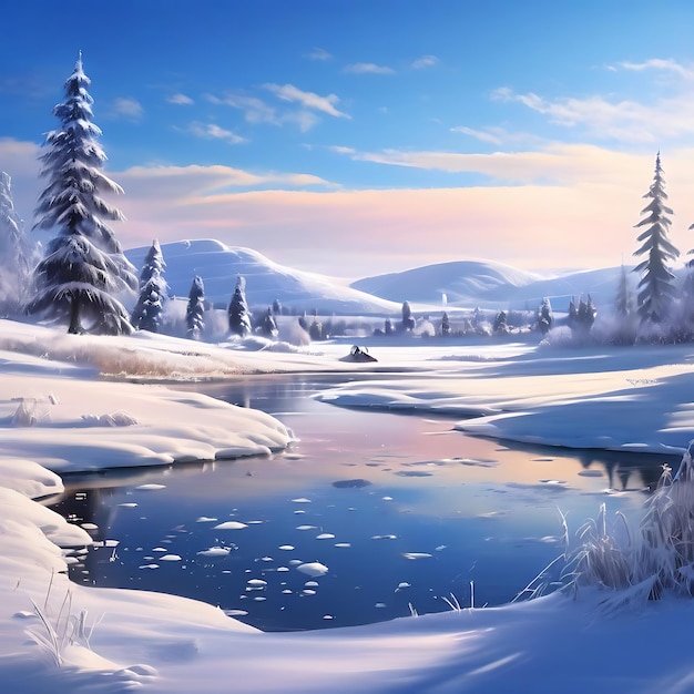 Photo serene winter scene snow covered hills frozen pond foreground