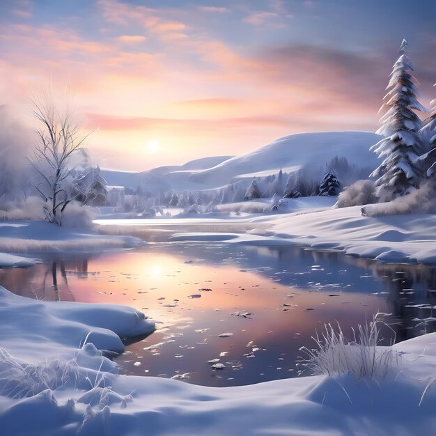 Photo serene winter scene snow covered hills frozen pond foreground