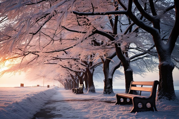 A Serene Winter Scene A SnowCovered Park Bench Surrounded by Tranquil Nature