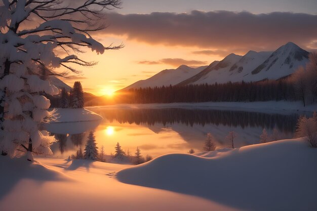 A serene winter scene at sunset with snowcovered trees a frozen lake generative by Ai