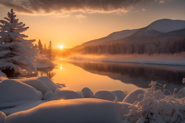 A serene winter scene at sunset with snowcovered trees a frozen lake generative by Ai