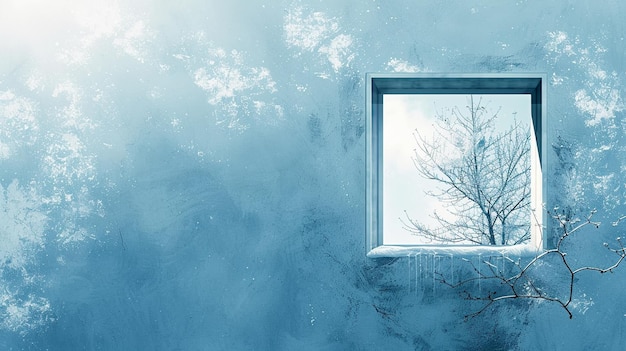 Photo a serene winter scene through a window showcasing a bare tree against a tranquil blue wall