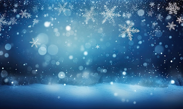 Serene winter scene with gentle snowflakes and ethereal bokeh against a deep blue sky evoking tranquility and wonder AI generative