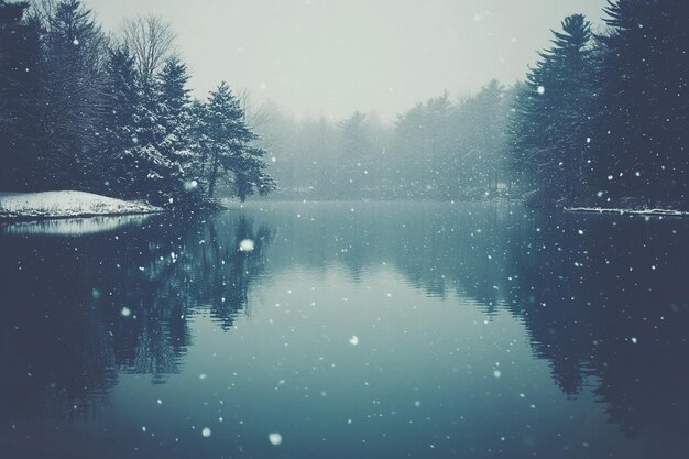 Serene Winter Snowfall Over a Quiet Lake