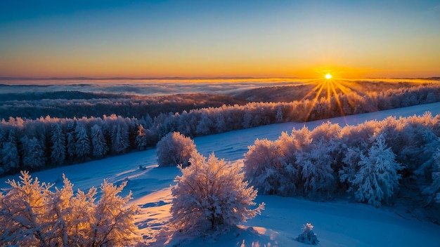 Serene winter sunrise painting sky and snow in orange generated by AI