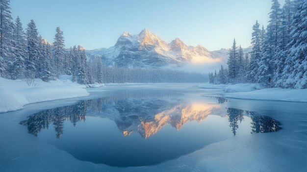 Photo serene winter wonderland with majestic mountain reflection