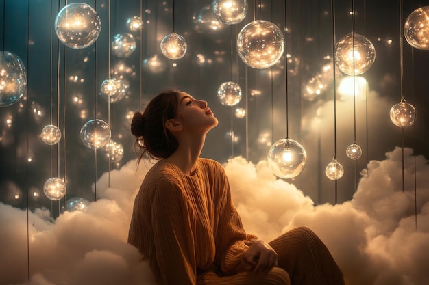 Photo serene woman amidst floating lights in a dreamy cloud setting