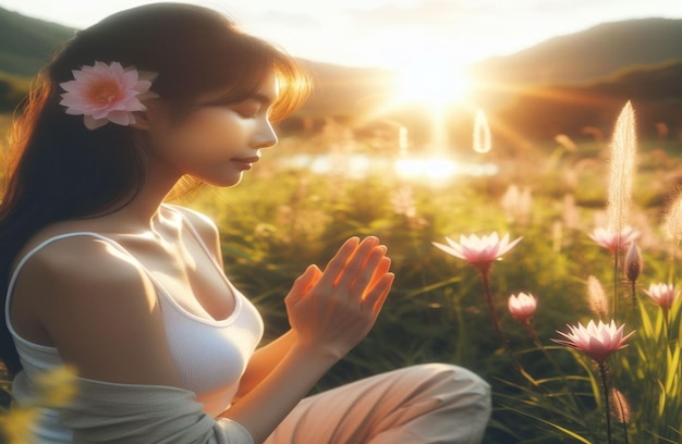 Serene woman asia in spiritual activity outside in the meadoSerene woman asia w with sunlight sunset