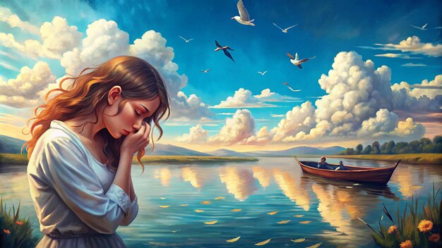 Serene Woman by the Lake with Fishing Boat Calming Peaceful Tranquil Romantic Scenic Wallpaper