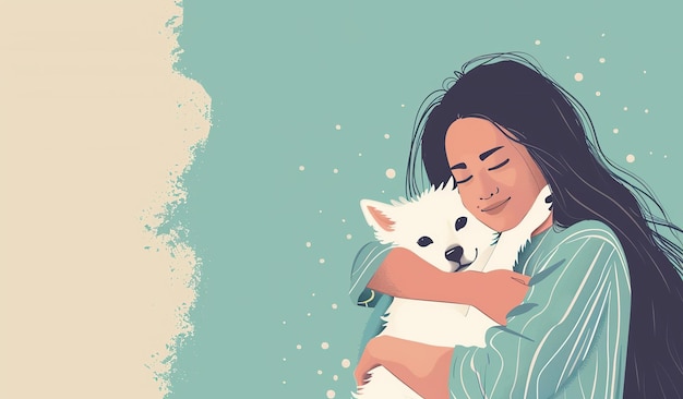 Serene woman embracing white fluffy dog with affection