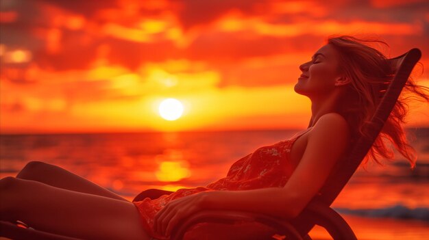 Serene woman enjoying a beautiful sunset on the beach in a lounger