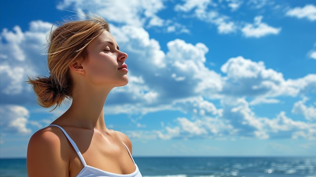 Serene woman enjoying freedom by the sea under a blue sky