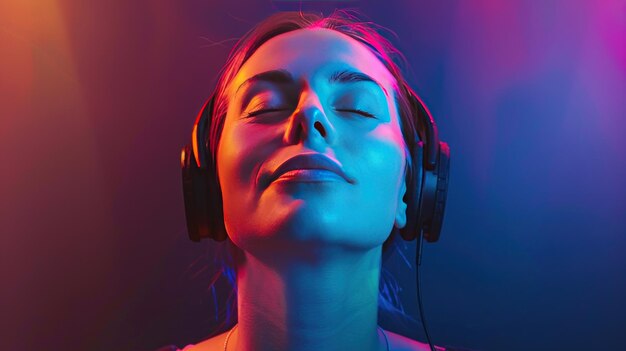 Photo a serene woman enjoying music with headphones illuminated by colorful lights