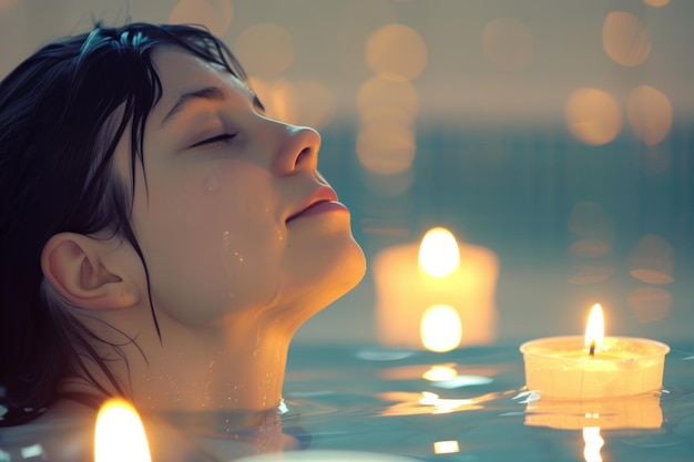 Serene woman enjoying spa candlelit bath with peaceful expression