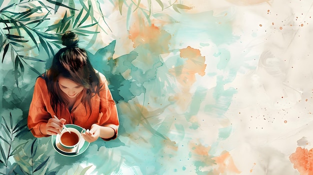 Serene Woman Enjoying Tea Amid Abstract Art Background Online Shopping