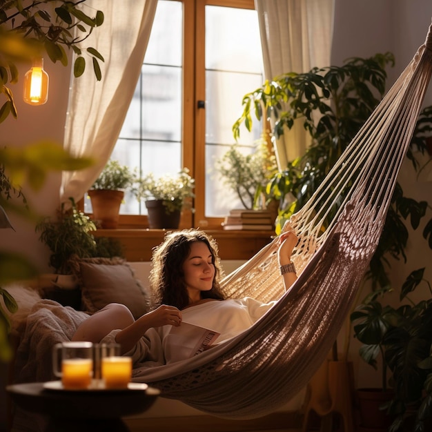 A serene woman enjoys a peaceful moment while resting in a hammock bathed in the warm glow of sunli