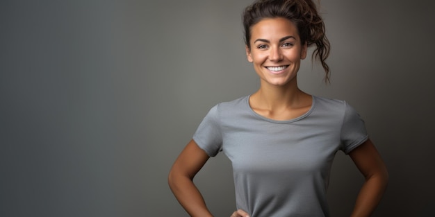 Serene woman in gray tee smiling gently against light background Generative AI