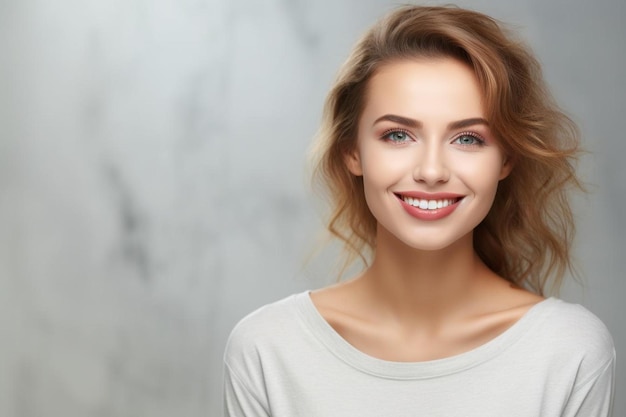 Photo serene woman in gray tee smiling gently against light background