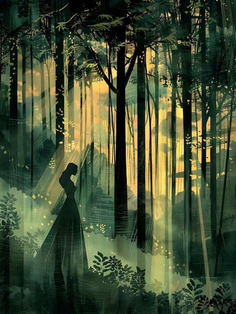 Serene Woman in Lush Forest with Sunbeams Textured Illustrative Art