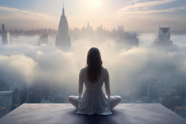 Serene woman meditating midair in a futuristic city Generative AI