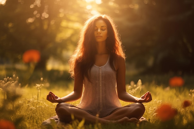 Serene woman meditating in sunlit nature