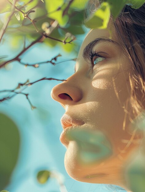 Serene Woman in Nature CloseUp Profile with Sunlight and Leaves