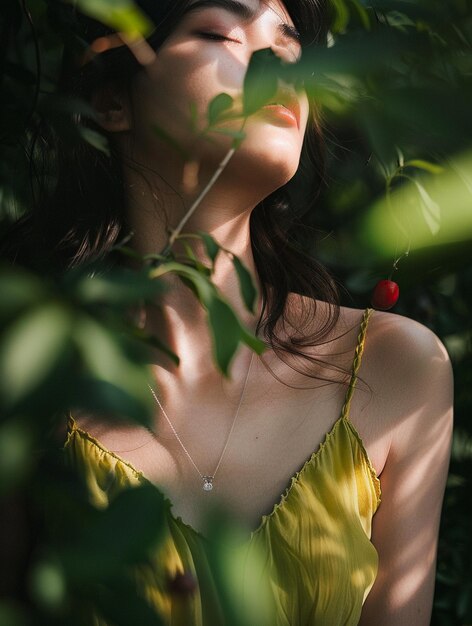 Serene Woman in Nature with Sunlight and Greenery