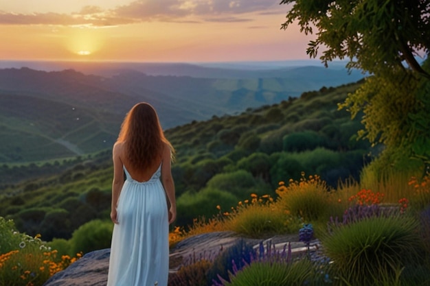 Serene Woman Overlooking a Vibrant Landscape at Sunset