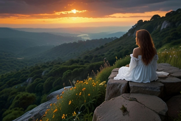 Serene Woman Overlooking a Vibrant Landscape at Sunset