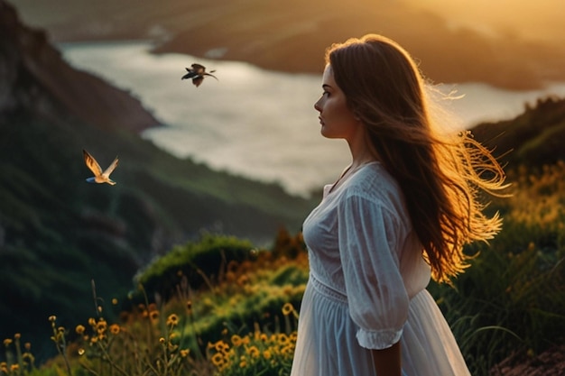 Serene Woman Overlooking a Vibrant Landscape at Sunset