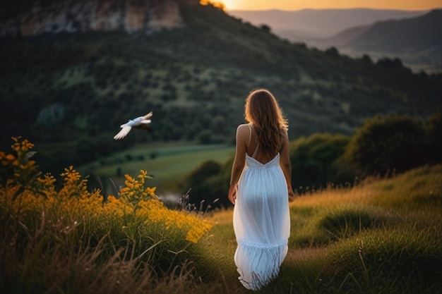 Serene Woman Overlooking a Vibrant Landscape at Sunset