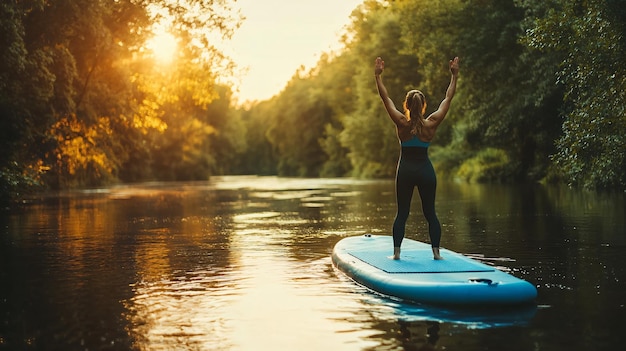 Serene Woman Practicing Yoga on Light Blue SUP Board on River