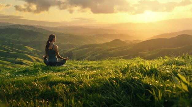 Photo serene woman practicing yoga on lush green hillside at sunrise tranquil morning bliss