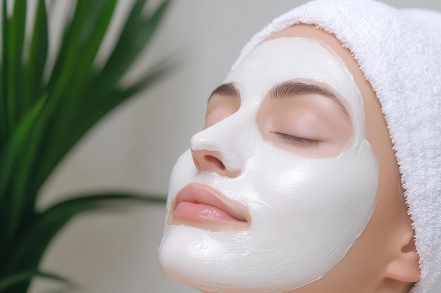 A serene woman relaxes with a soothing facial mask embodying selfcare and wellness in a tranquil setting