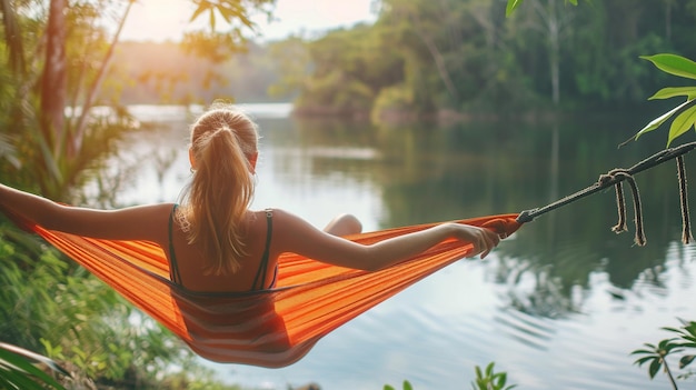 Photo serene woman relaxing in hammock lakeside scene