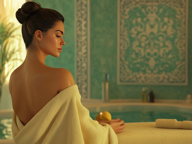 A serene woman relaxing in a spa wrapped in a towel near a pool