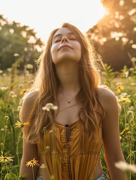 Serene Woman in Sunlit Flower Field Embracing Nature and Tranquility