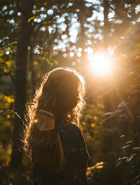 Serene Woman in Sunlit Forest Nature Tranquility and Reflection