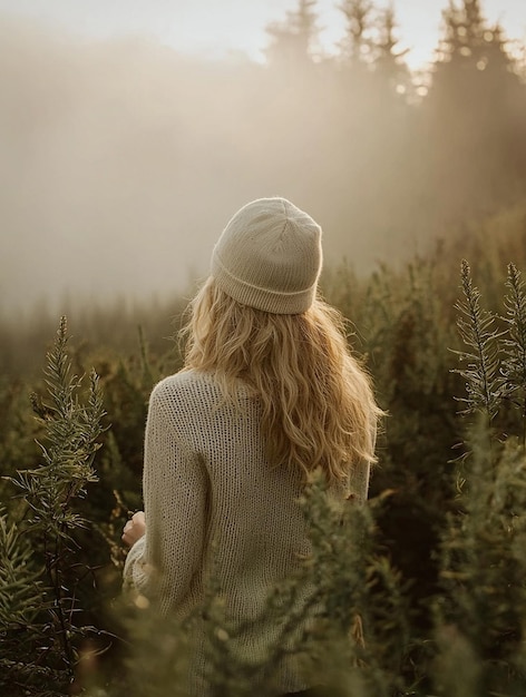 Photo serene woman in sweater and beanie surrounded by misty forest