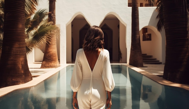 Serene Woman Walking by the Pool in a White Shirt and Dress AI Generated