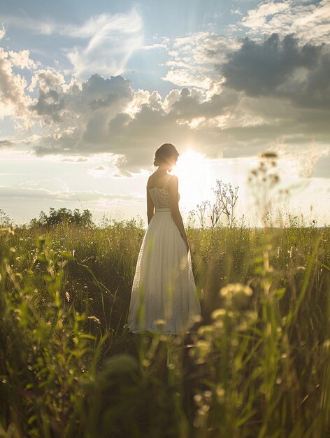 Serene Woman in White Dress at Sunset in Meadow