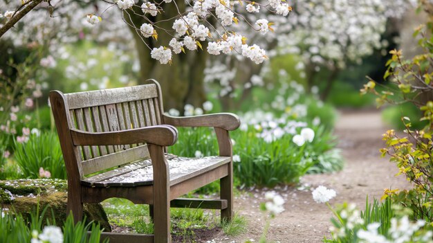 Photo serene wooden bench awaits amidst blooming spring flowers and lush greenery offering a peaceful retreat in a vibrant garden landscape