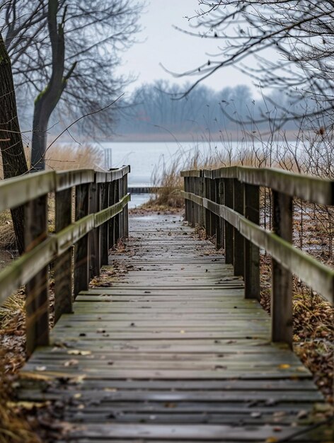 Serene Wooden Boardwalk in Winter Landscape by Lake