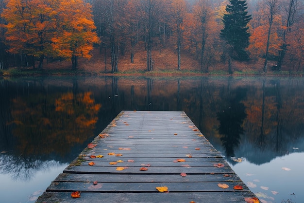 Serene wooden dock leading into a calm lake surrounded by autumn foliage in a tranquil setting